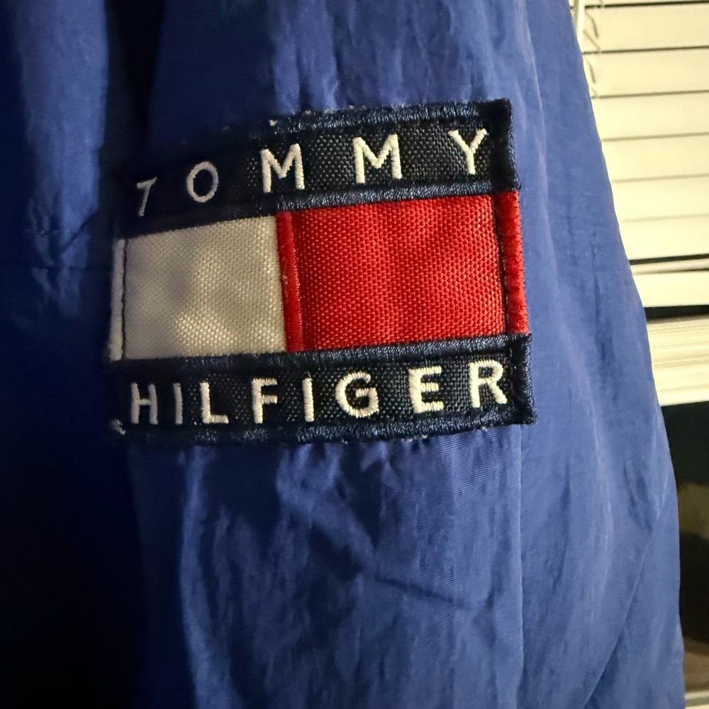 VTG 90s Tommy Hilfiger Jacket XL Colorblock Spell Out Flag Hooded Fleece Lined - Picture 3 of 10